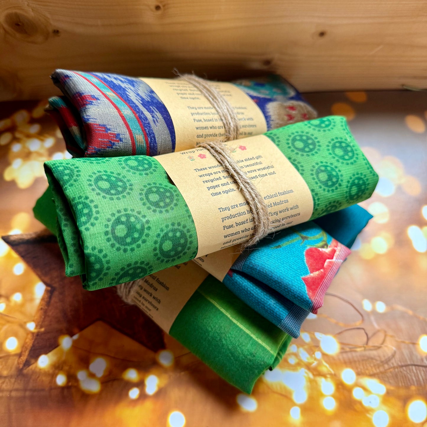 Two Sided Handmade Fabric Gift Wrap 70cm x 70cm made by hand in India from recycled saris - Christmas Eco Wrapping