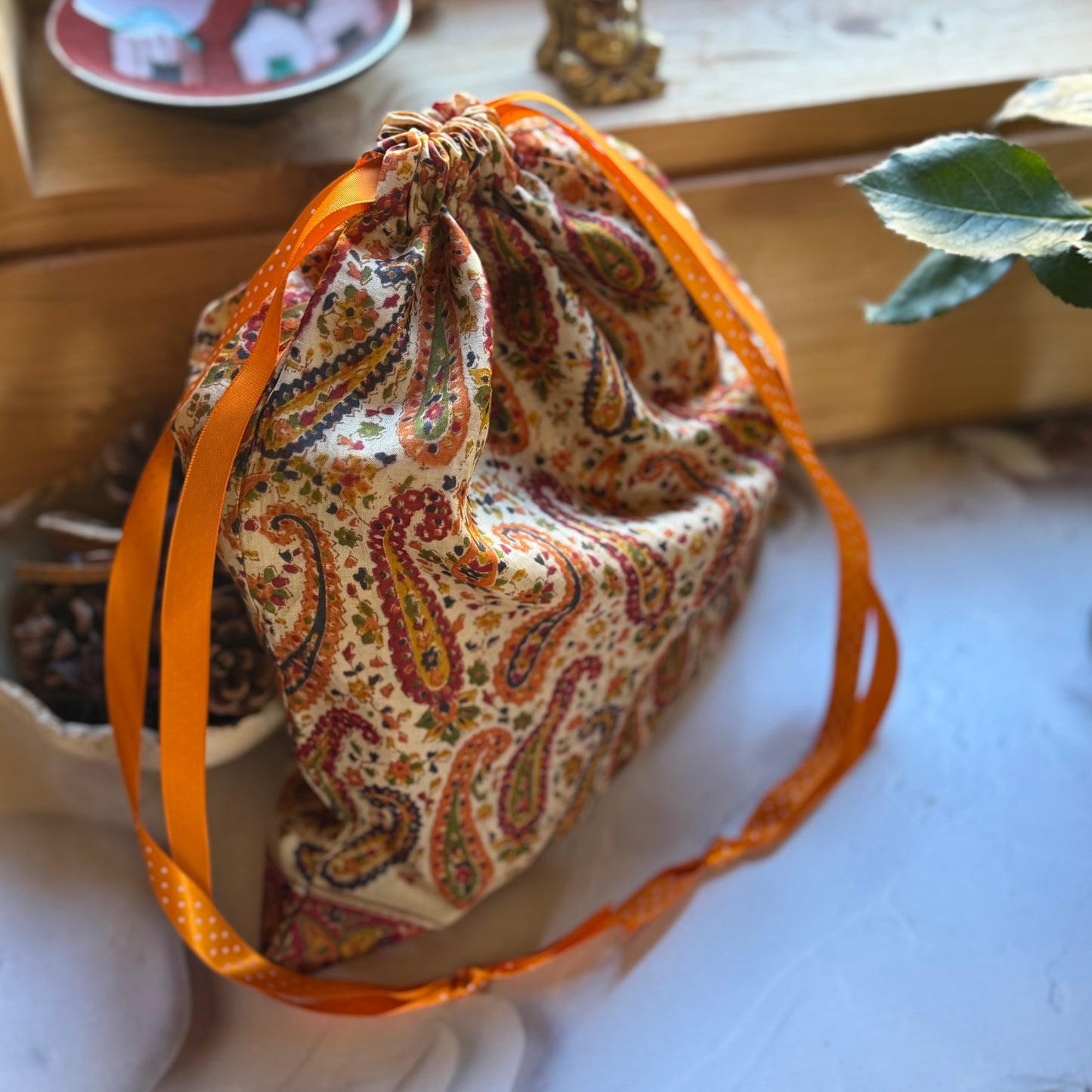 Handmade Paisley Silk Gift Bag made from reclaimed saree fabric: Floral Silk Drawstring Pouch, Reusable Wrap