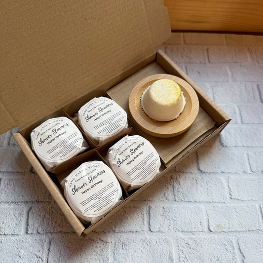 Happy Birthday Special Blend of Aromatherapy Shower Steamers, 4 Steamers Wrapped and presented in a gift box with bamboo Tray