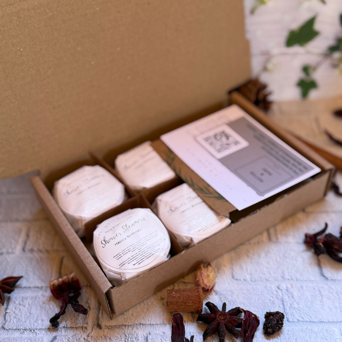 Happy Birthday Special Blend of Aromatherapy Shower Steamers, 4 Steamers Wrapped and presented in a gift box with bamboo Tray