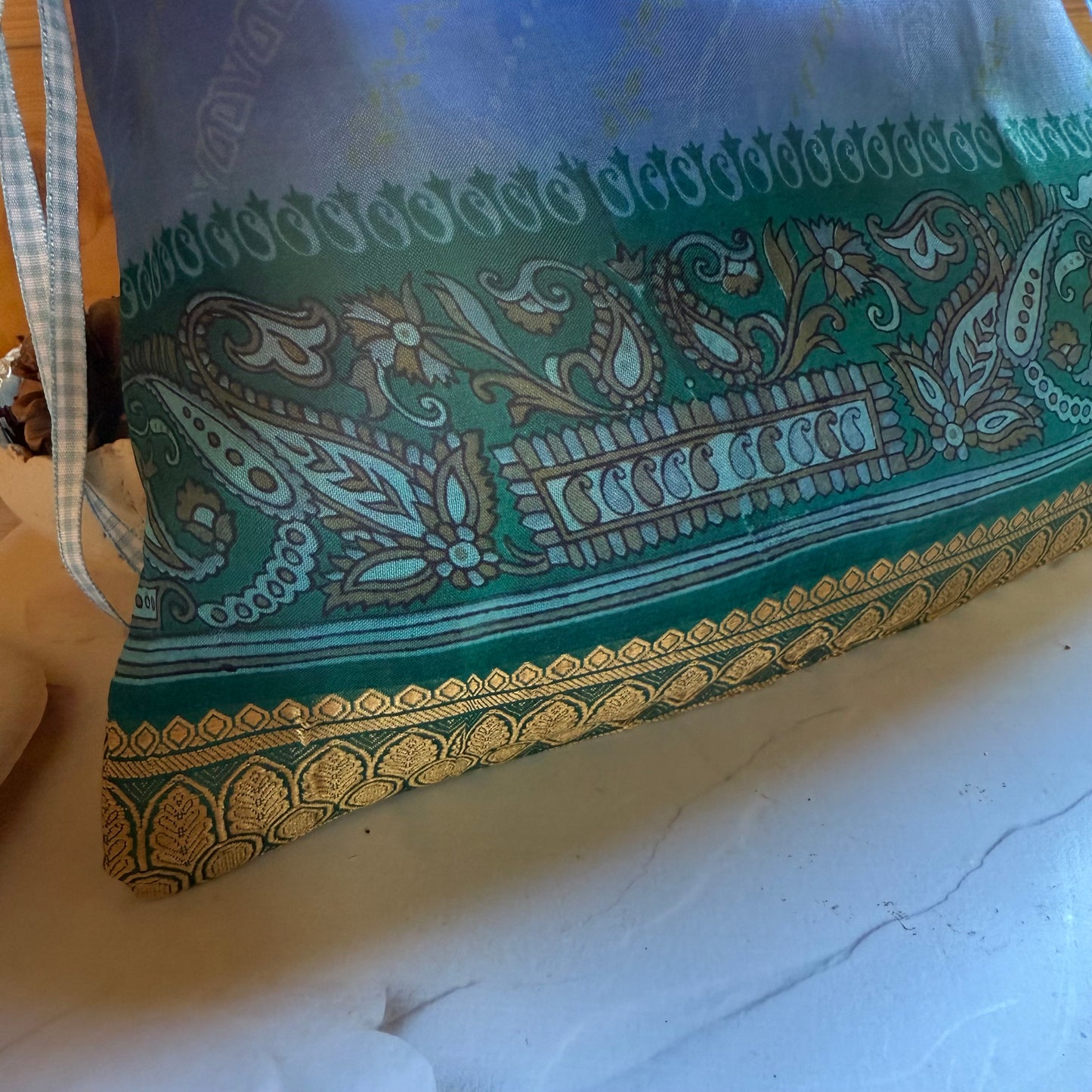 Handmade Blue Silk Gift Bag with Green and Gold Band made from reclaimed saree fabric, Reusable Christmas Gift Bag,