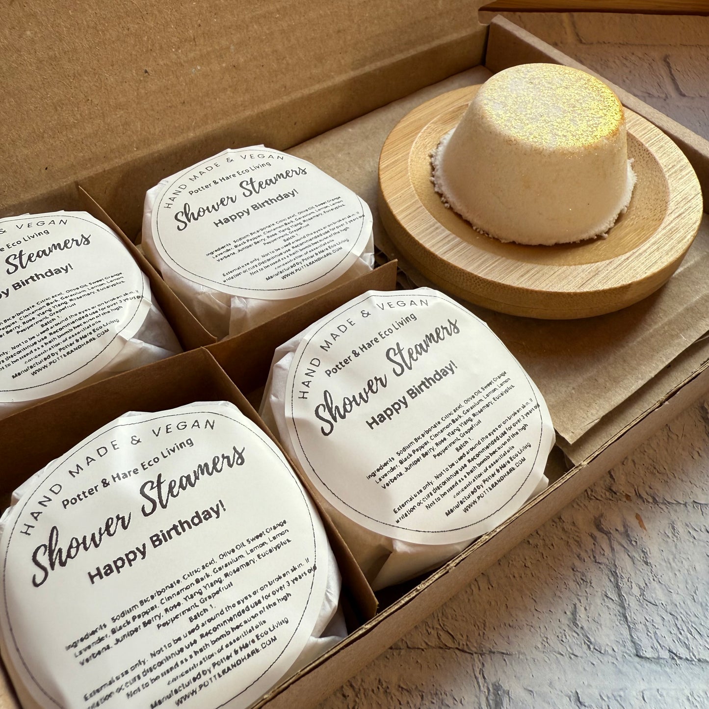 Happy Birthday Special Blend of Aromatherapy Shower Steamers, 4 Steamers Wrapped and presented in a gift box with bamboo Tray