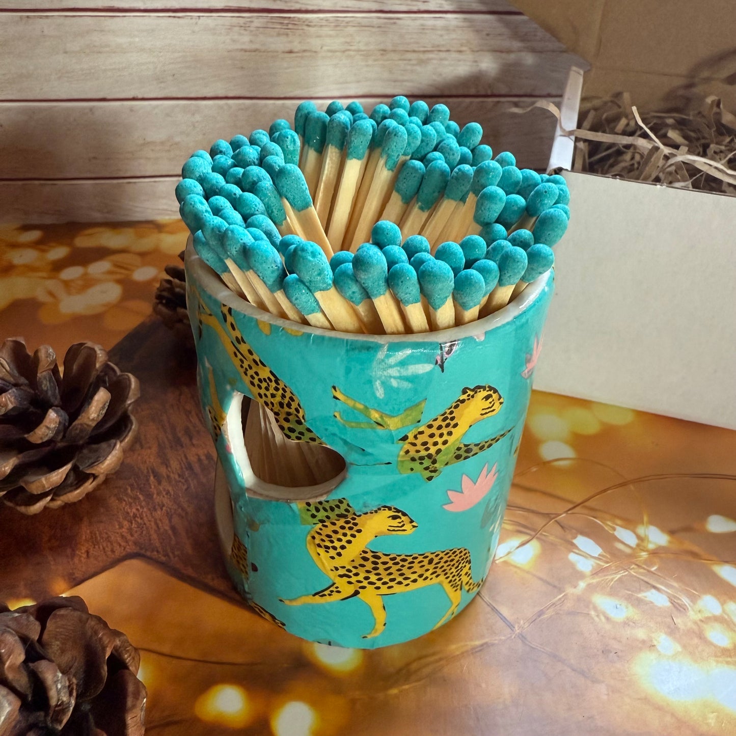 Turquoise Cheetah Hand Decorated Match Pot with Strike and Turquoise 10cm Matches