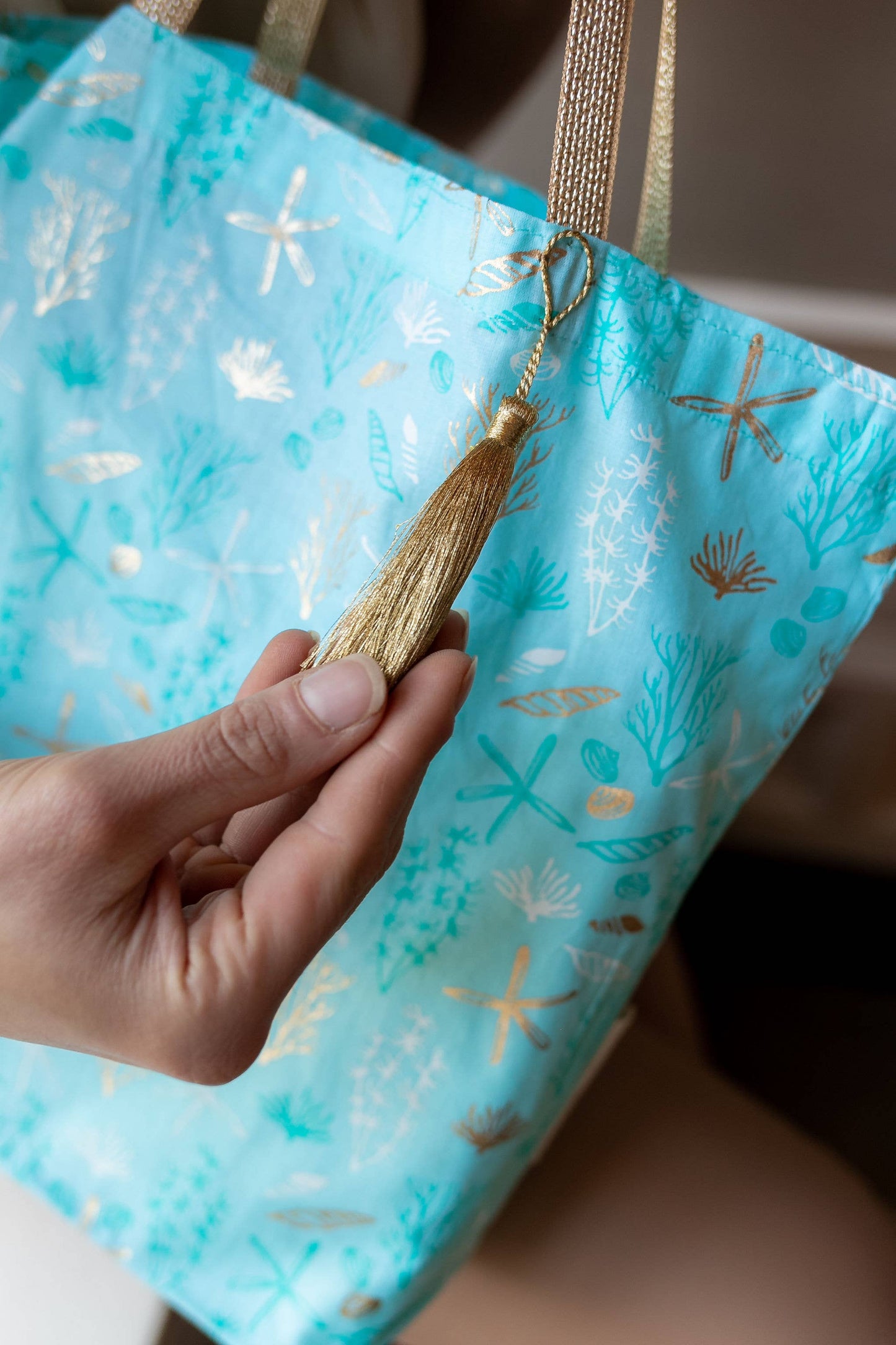 Reusable Fabric Gift Bags Tote Style - Hand-Block Printed Medium - H19cm x W23cm x D9cm / Safari