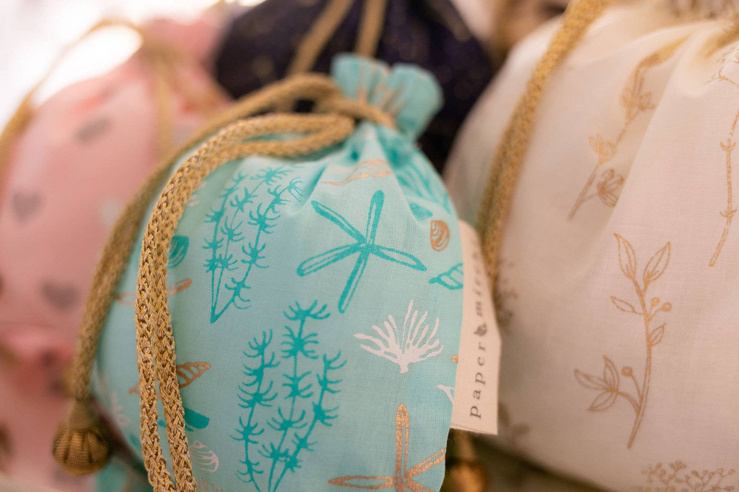 Reusable Fabric Gift Bags Double Drawstring - Hand Block Printed - Large - H33cm x W29cm / Night Sky