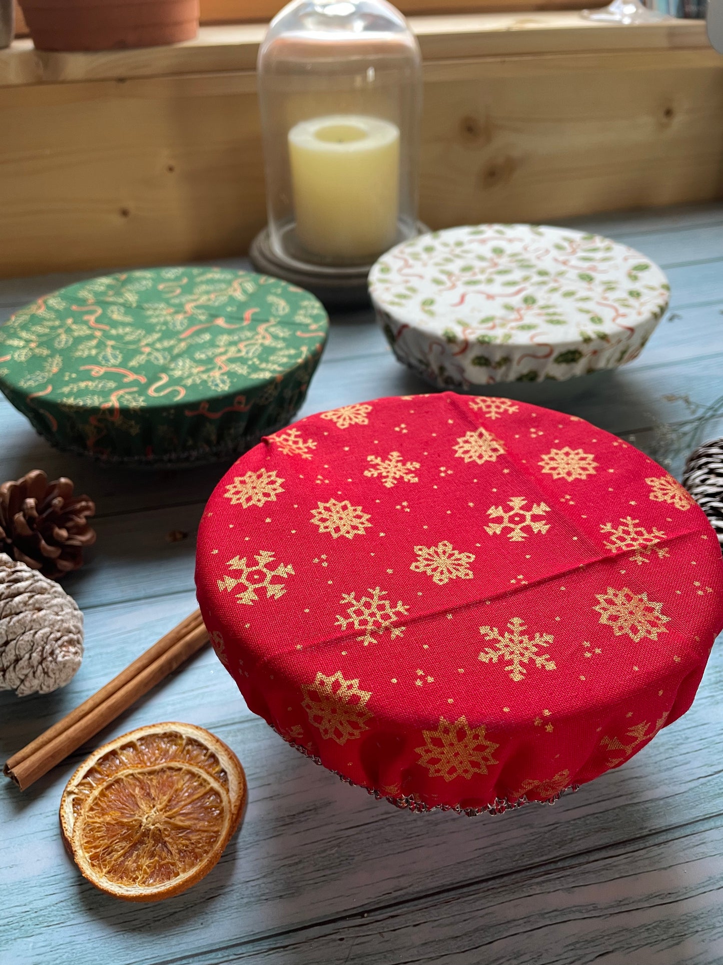 Set of Three Handmade Christmas Cotton Bowl Covers, Bowl Covers with Elastic, Eco Friendly Food Coverings