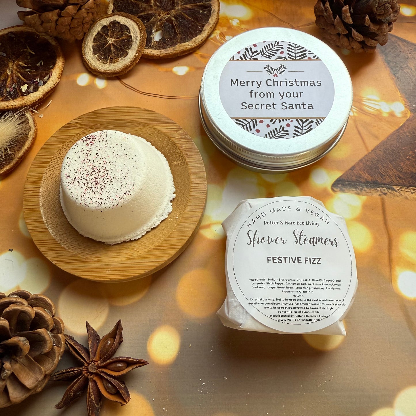 Secret Santa Shower Steamer Tin: Festive Fizz Scent