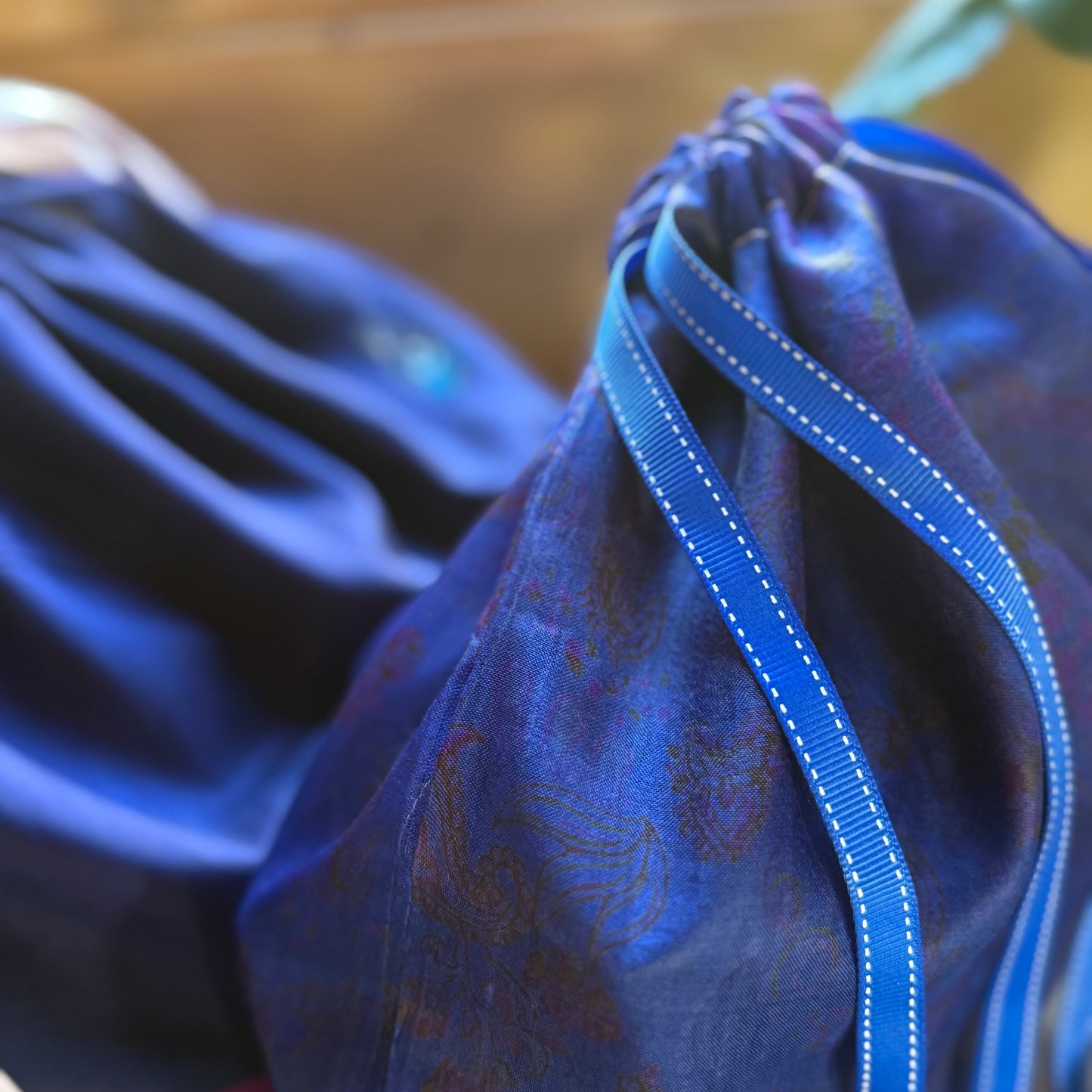 Handmade Blue and Pink Silk Gift Bag made from reclaimed saree fabric, Drawstring Pouch, Reusable Gift Bag