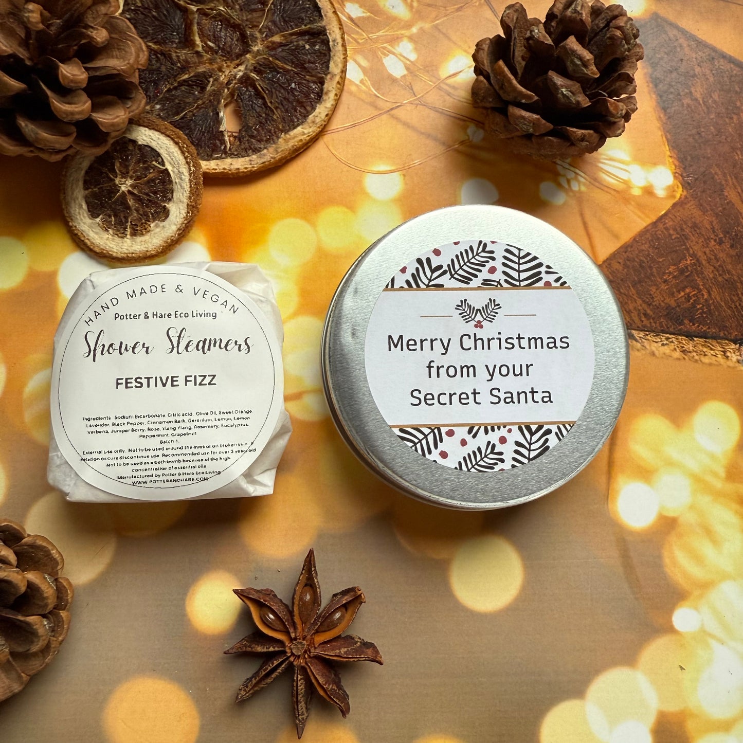 Secret Santa Shower Steamer Tin: Festive Fizz Scent