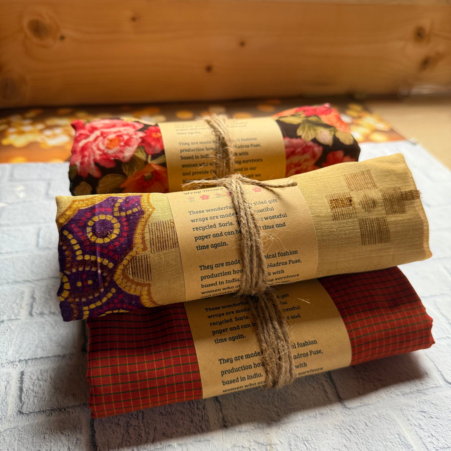 Two Sided Handmade Fabric Gift Wrap 70cm x 70cm made by hand in India from recycled saris - Christmas Eco Wrapping