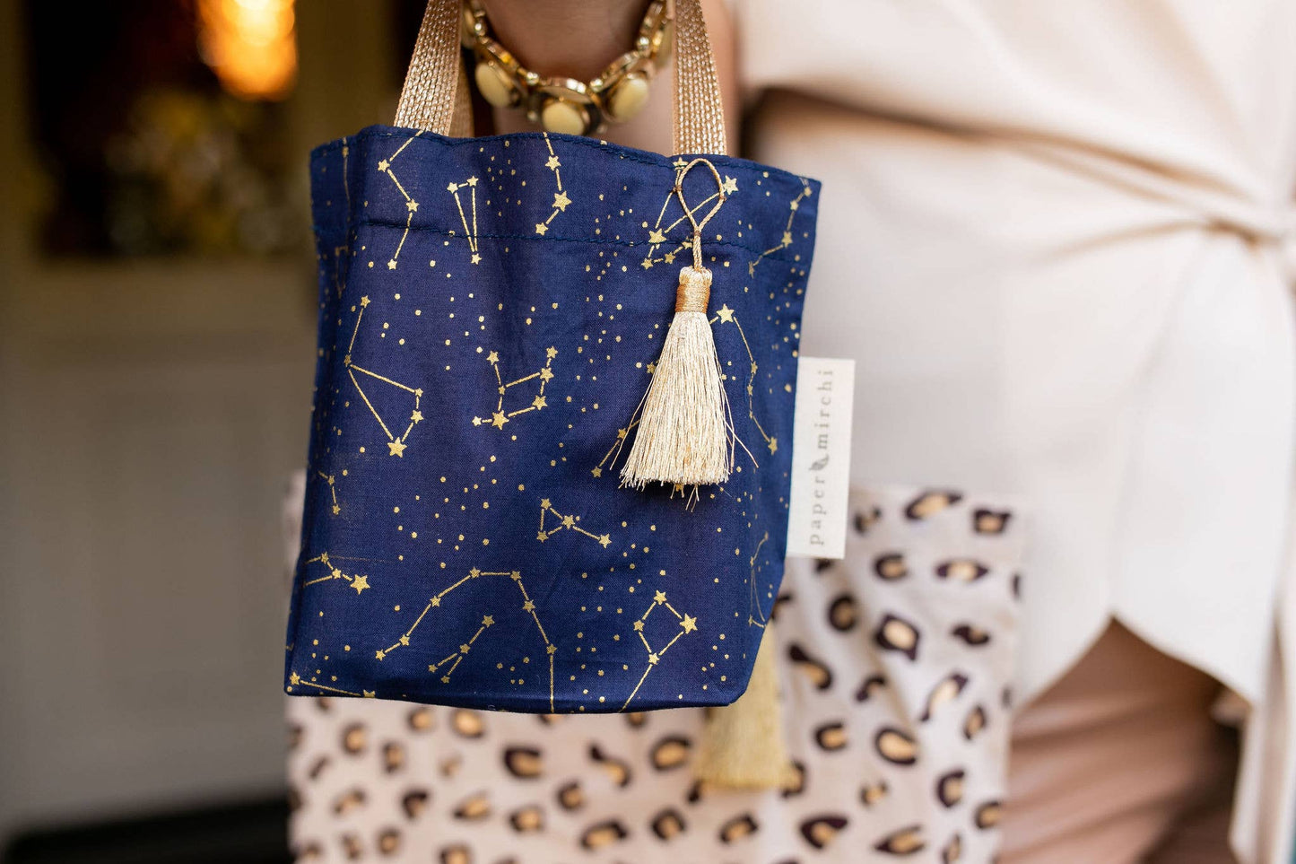 Reusable Fabric Gift Bags Tote Style - Hand-Block Printed Medium - H19cm x W23cm x D9cm / Safari