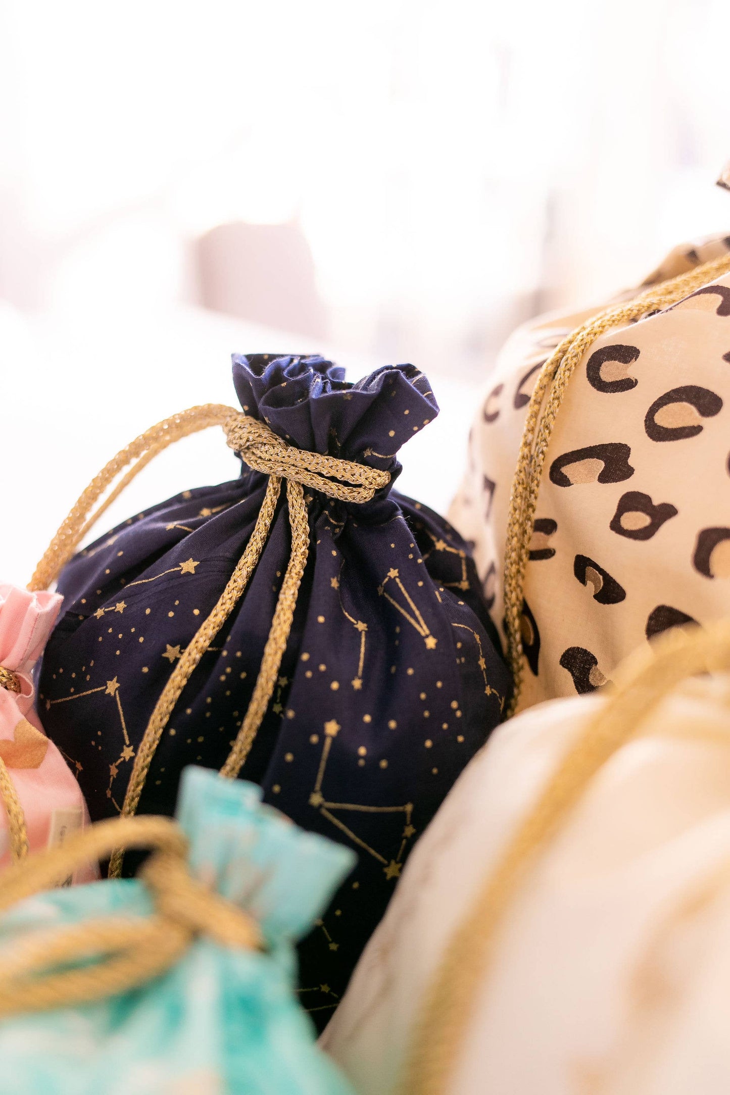 Reusable Fabric Gift Bags Double Drawstring - Hand Block Printed - Large - H33cm x W29cm / Night Sky