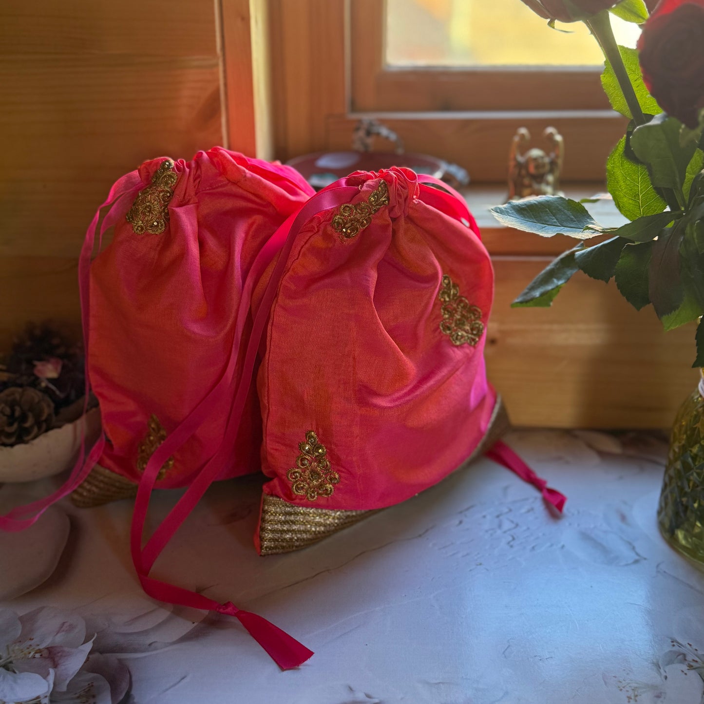 Handmade Orange and Gold Silk Gift Bag made from reclaimed saree fabric: Floral Drawstring Pouch