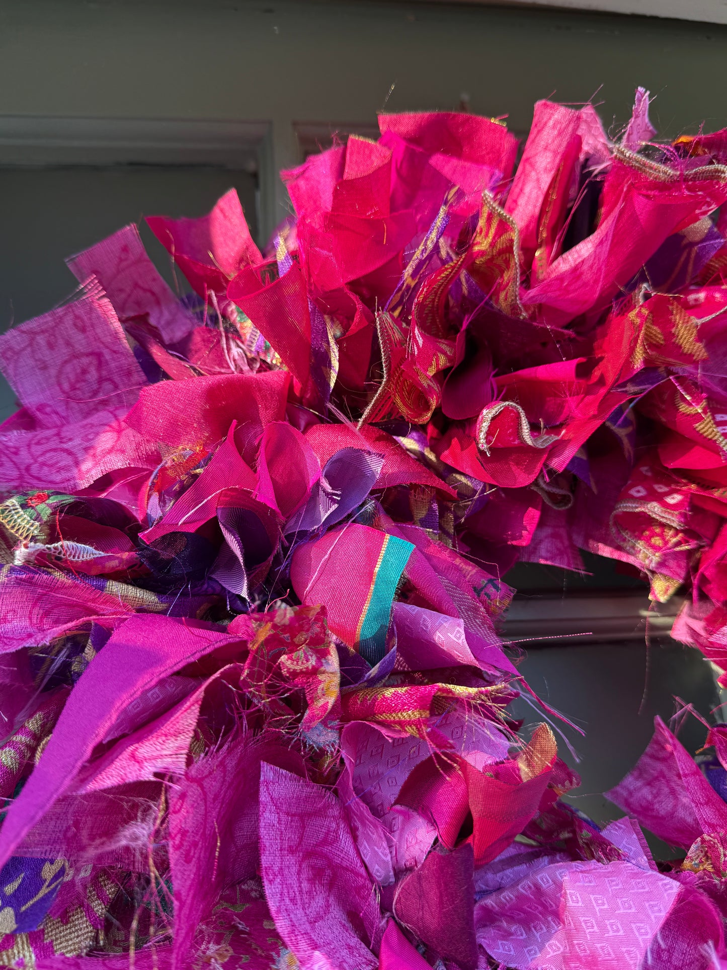 Handmade Upcycled Sari Rag Wreath, Handmade Unusual Christmas Door Wreath