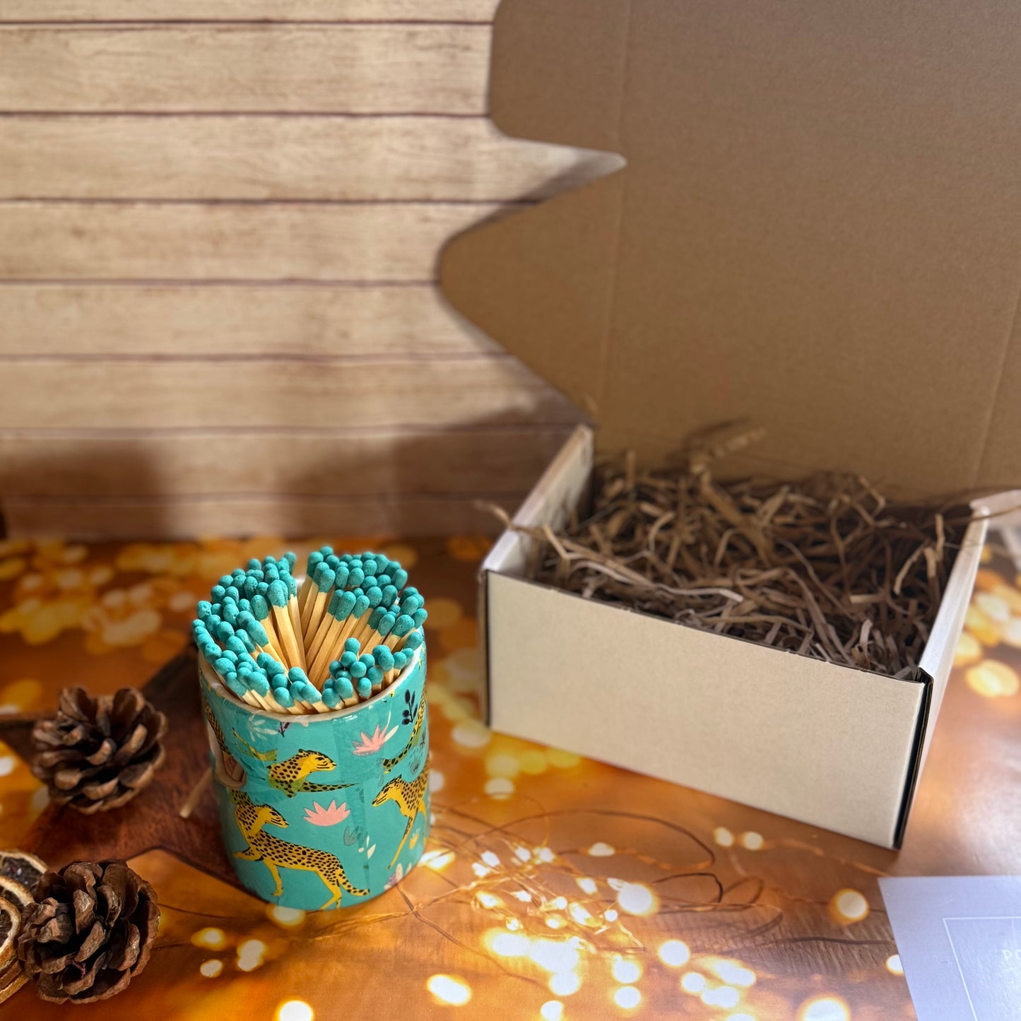 Turquoise Cheetah Hand Decorated Match Pot with Strike and Turquoise 10cm Matches