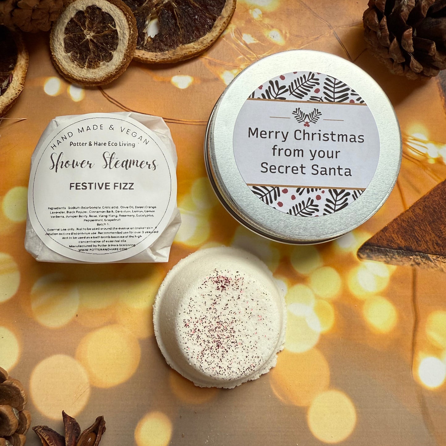 Secret Santa Shower Steamer Tin: Festive Fizz Scent