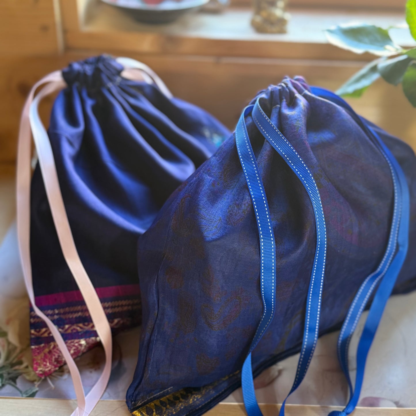Handmade Blue and Pink Silk Gift Bag made from reclaimed saree fabric, Drawstring Pouch, Reusable Gift Bag
