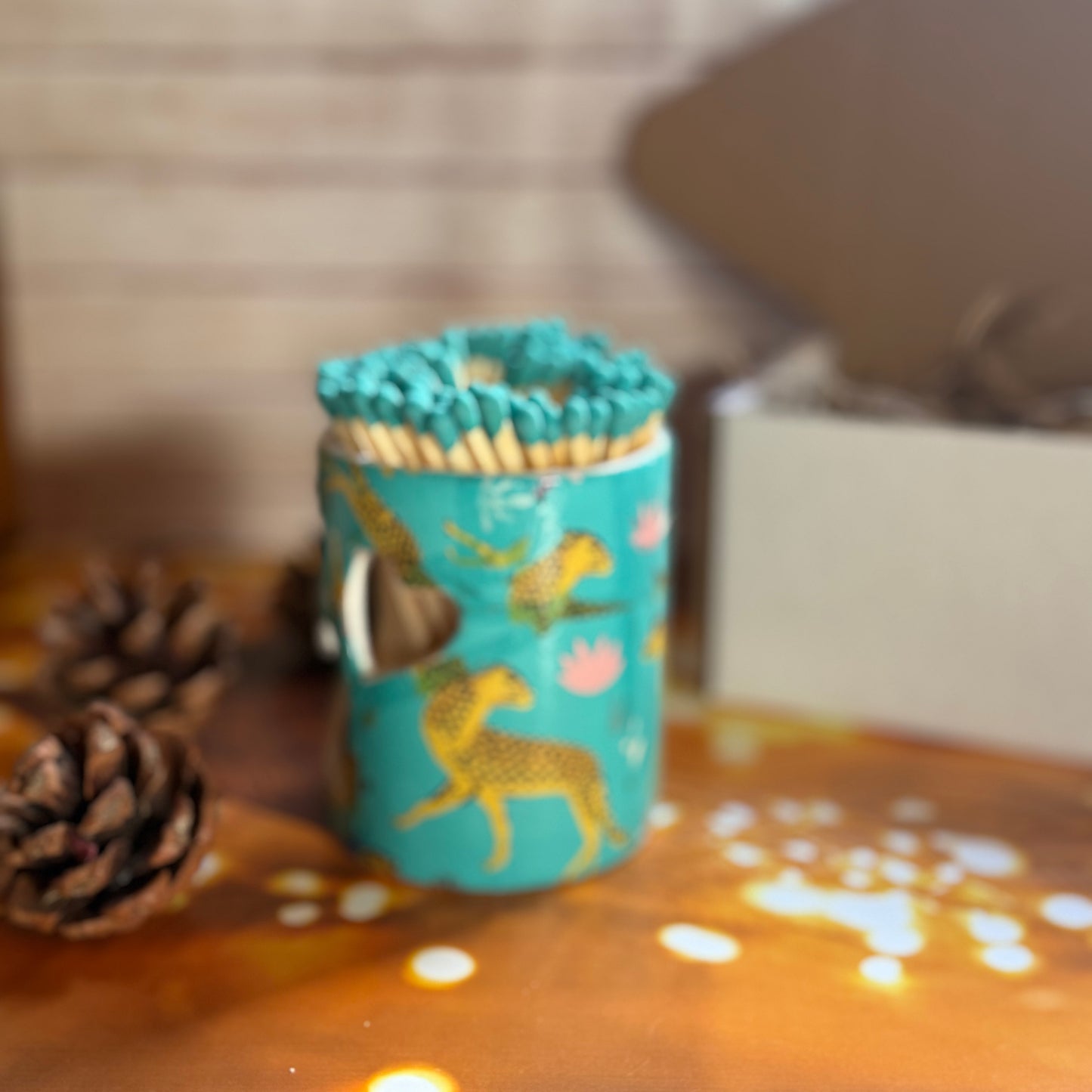 Turquoise Cheetah Hand Decorated Match Pot with Strike and Turquoise 10cm Matches