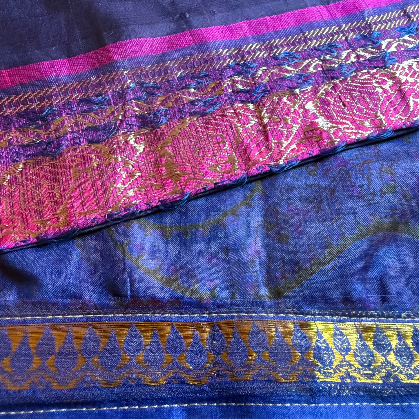 Handmade Blue and Pink Silk Gift Bag made from reclaimed saree fabric, Drawstring Pouch, Reusable Gift Bag