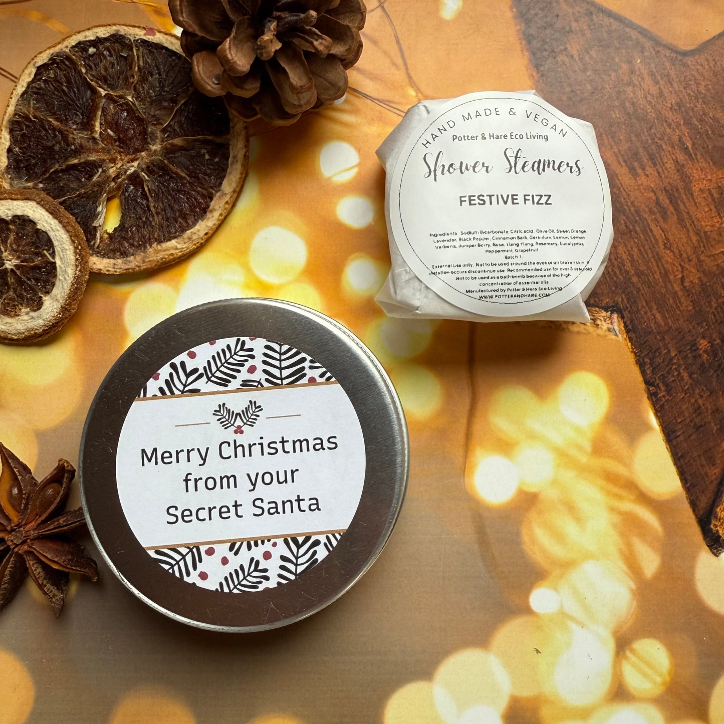 Secret Santa Shower Steamer Tin: Festive Fizz Scent