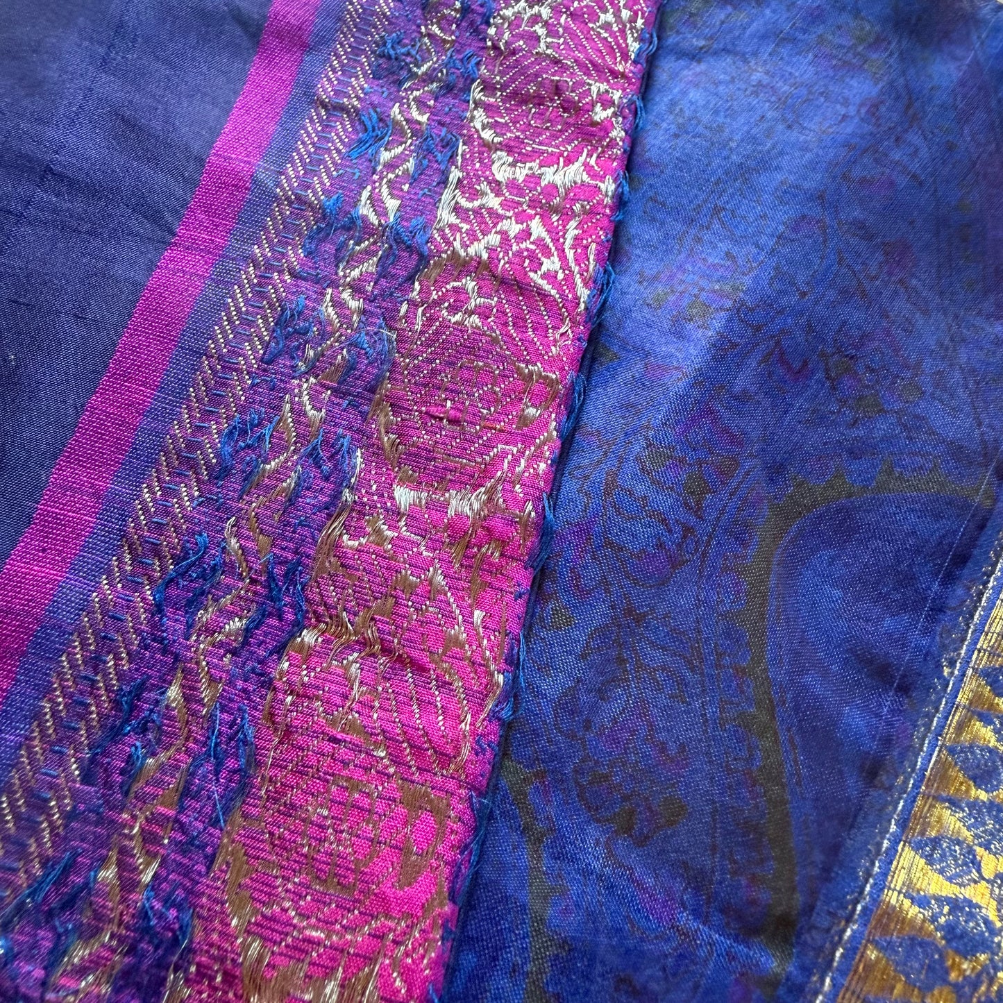 Handmade Blue and Pink Silk Gift Bag made from reclaimed saree fabric, Drawstring Pouch, Reusable Gift Bag