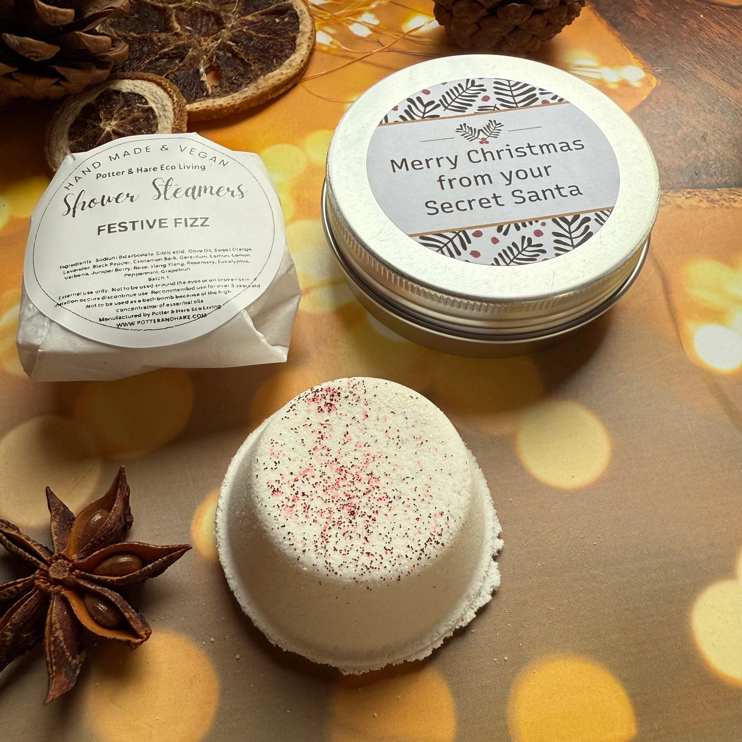 Secret Santa Shower Steamer Tin: Festive Fizz Scent