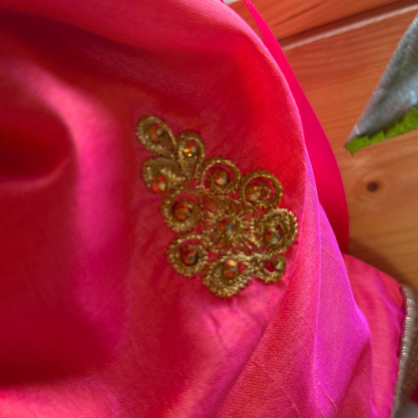 Handmade Orange and Gold Silk Gift Bag made from reclaimed saree fabric: Floral Drawstring Pouch