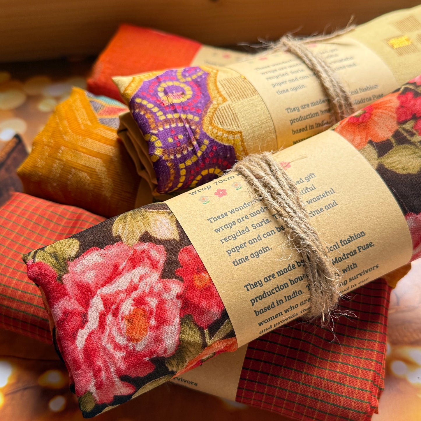 Two Sided Handmade Fabric Gift Wrap 70cm x 70cm made by hand in India from recycled saris - Christmas Eco Wrapping
