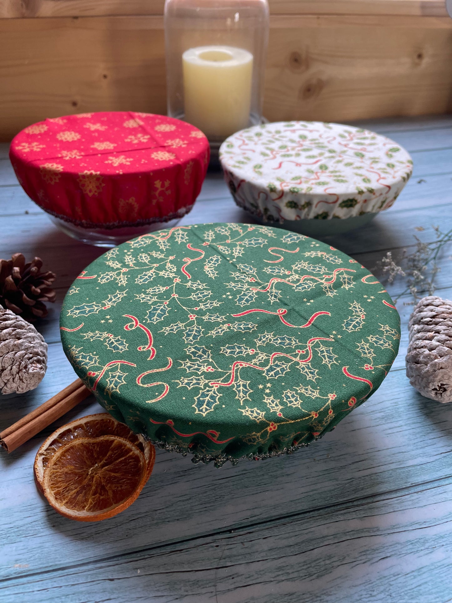 Set of Three Handmade Christmas Cotton Bowl Covers, Bowl Covers with Elastic, Eco Friendly Food Coverings