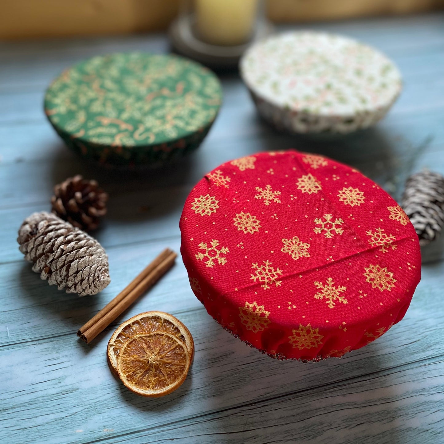 Set of Three Handmade Christmas Cotton Bowl Covers, Bowl Covers with Elastic, Eco Friendly Food Coverings