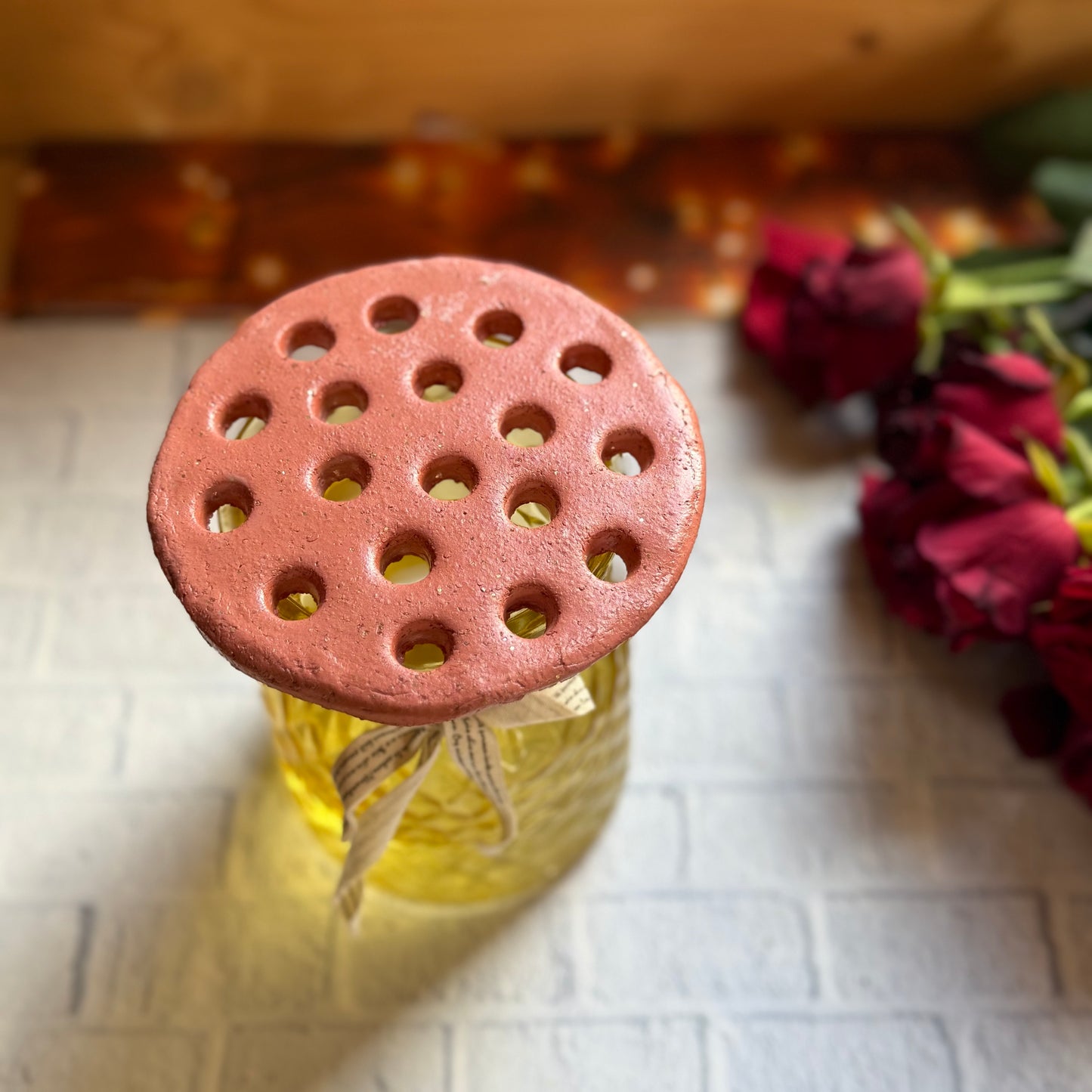 Handmade Terracotta Sparkly Flower Frog: Ceramic Floral Arranging Disc