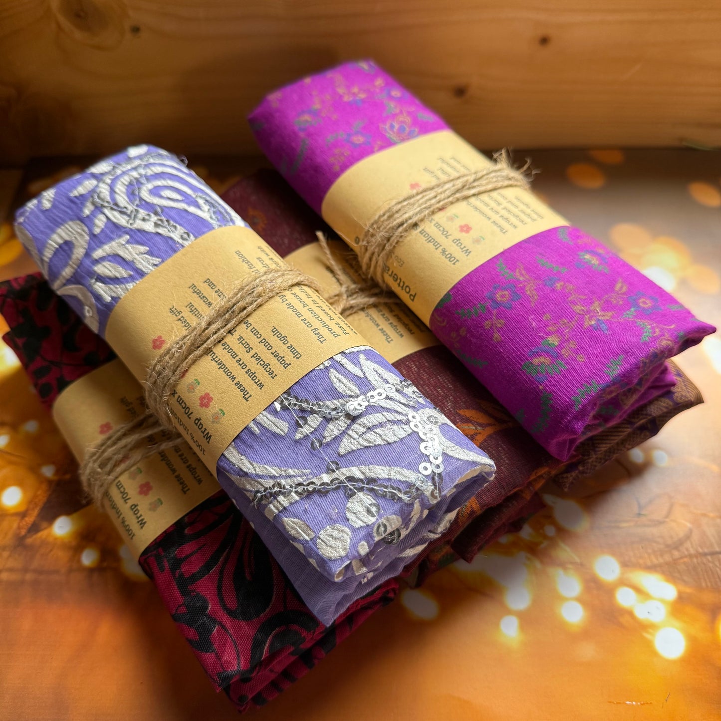 Two Sided Handmade Fabric Gift Wrap 70cm x 70cm made by hand in India from recycled saris - Christmas Eco Wrapping