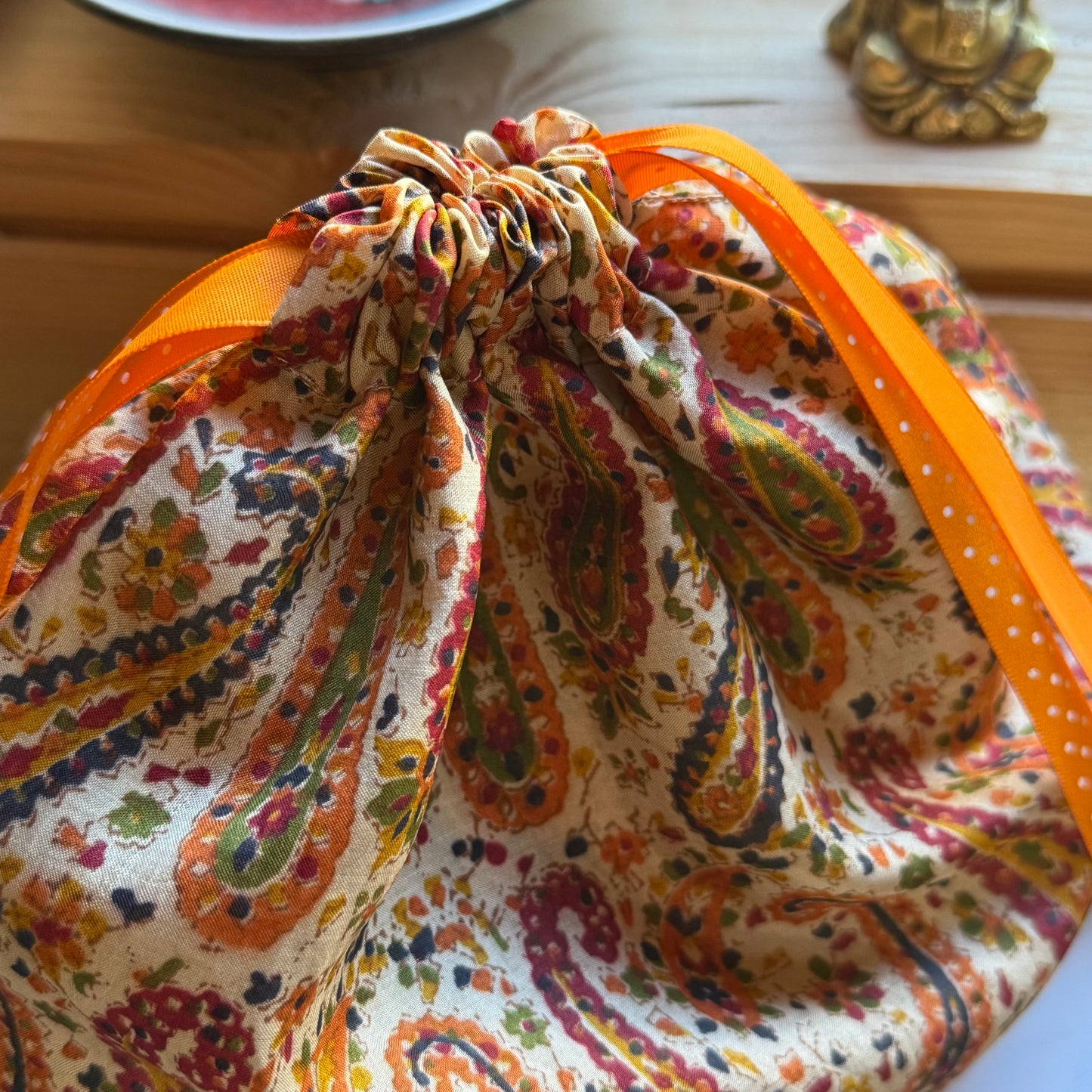 Handmade Paisley Silk Gift Bag made from reclaimed saree fabric: Floral Silk Drawstring Pouch, Reusable Wrap