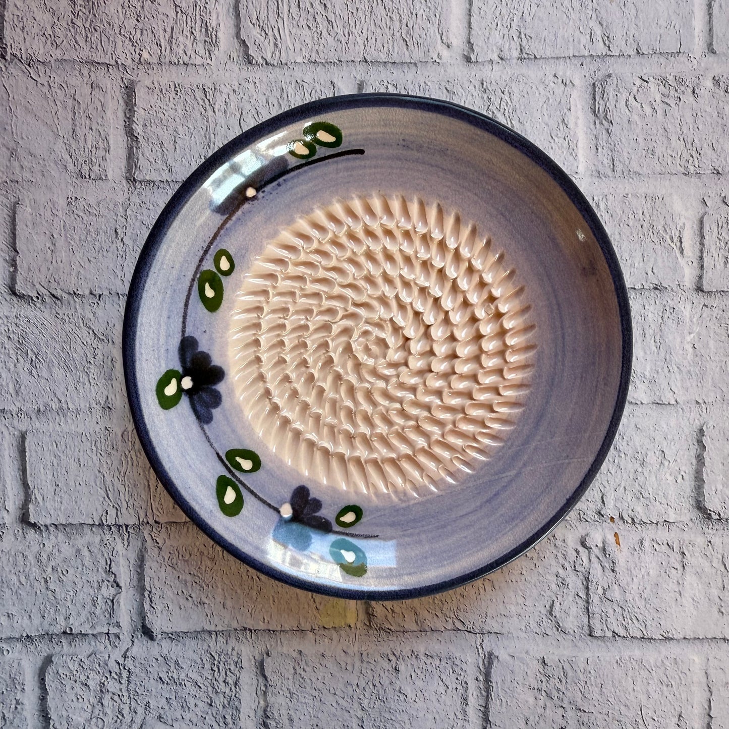Handmade Ceramic Garlic, Ginger and Vegetable Grater Plate and with Brush (Optional), Garlic Grater Plate Blue Flowers