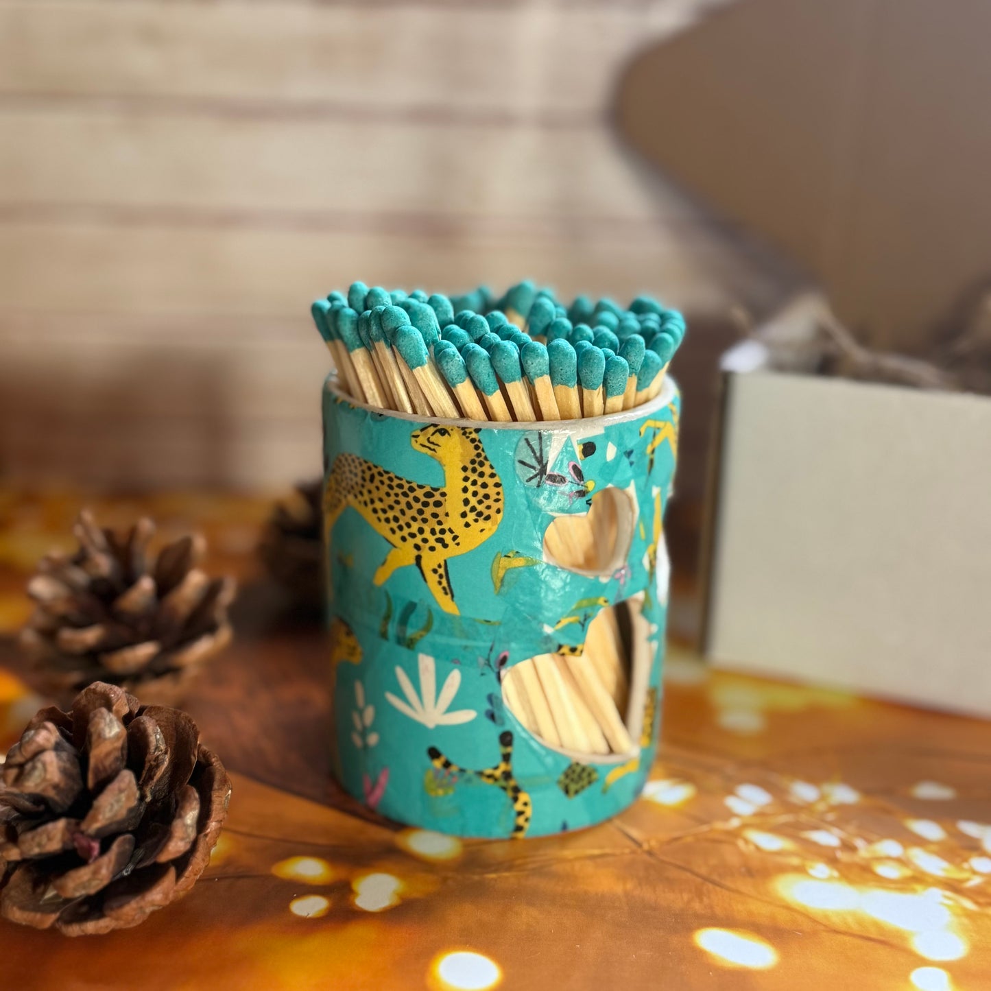 Turquoise Cheetah Hand Decorated Match Pot with Strike and Turquoise 10cm Matches