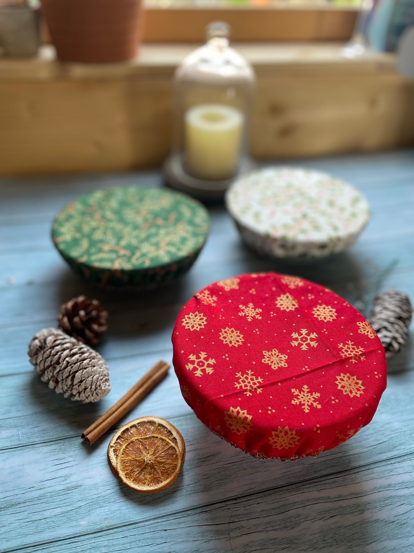 Set of Three Handmade Christmas Cotton Bowl Covers, Bowl Covers with Elastic, Eco Friendly Food Coverings
