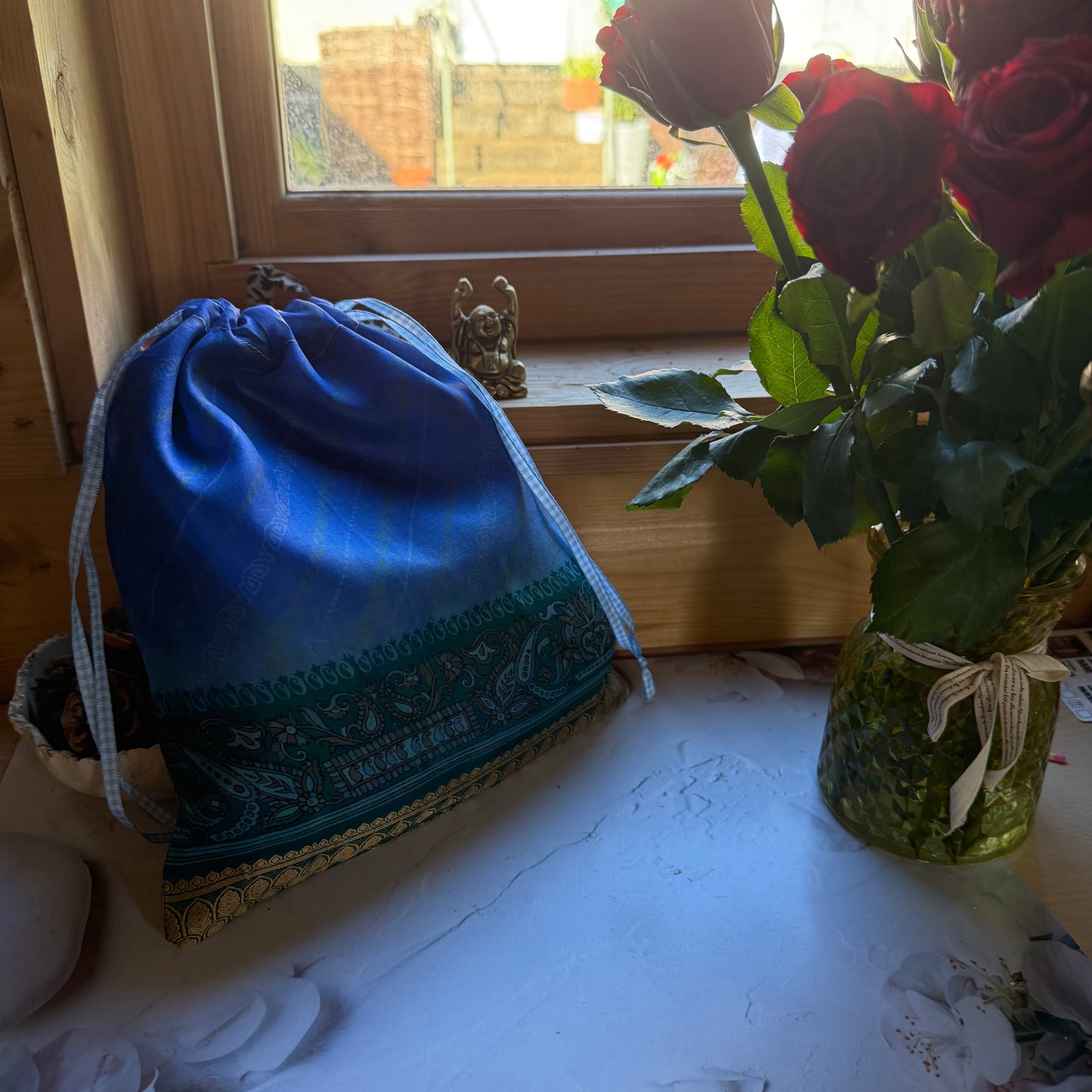 Handmade Blue Silk Gift Bag with Green and Gold Band made from reclaimed saree fabric, Reusable Christmas Gift Bag,