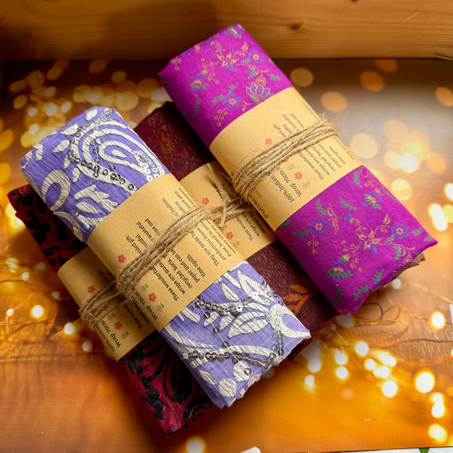 Two Sided Handmade Fabric Gift Wrap 70cm x 70cm made by hand in India from recycled saris - Christmas Eco Wrapping