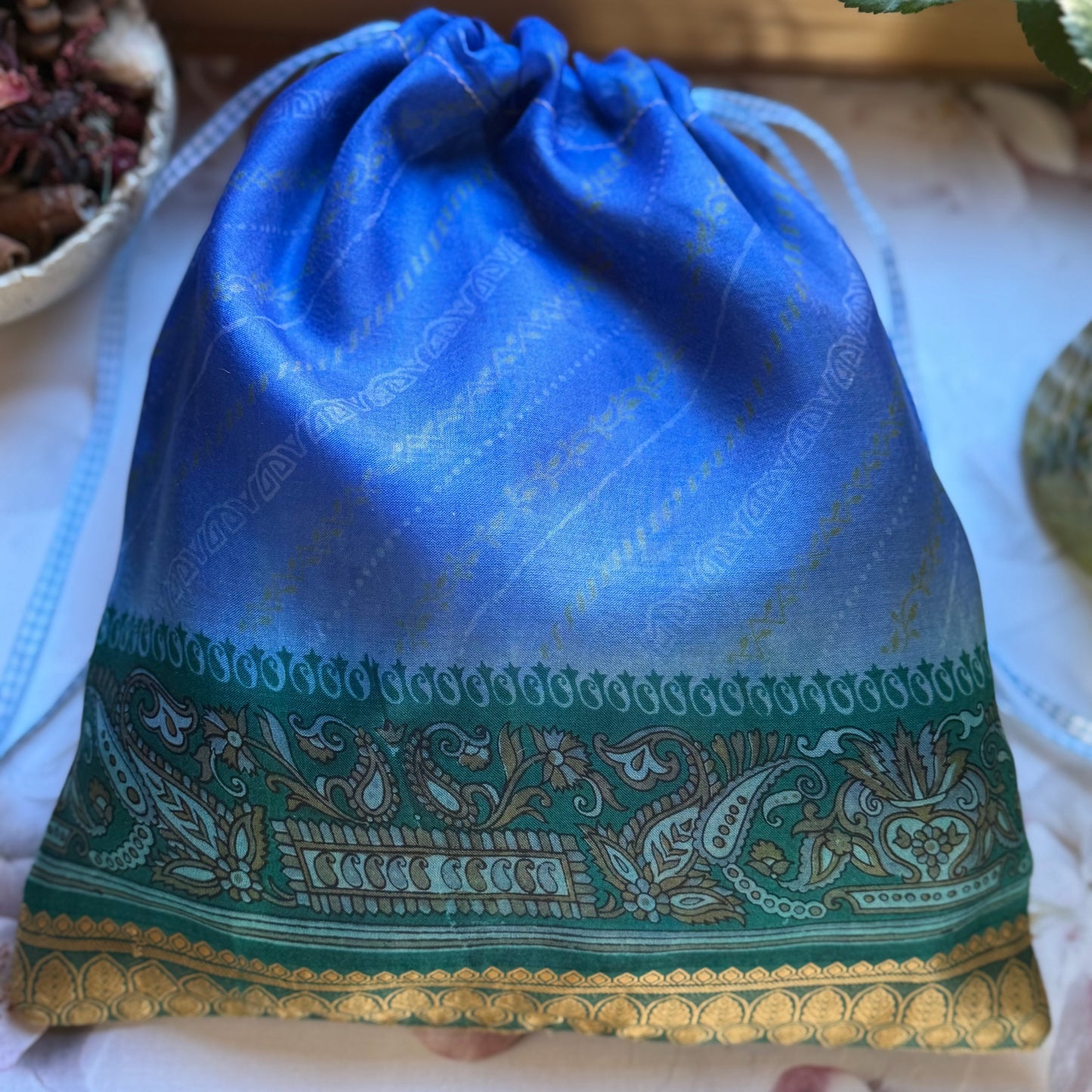 Handmade Blue Silk Gift Bag with Green and Gold Band made from reclaimed saree fabric, Reusable Christmas Gift Bag,