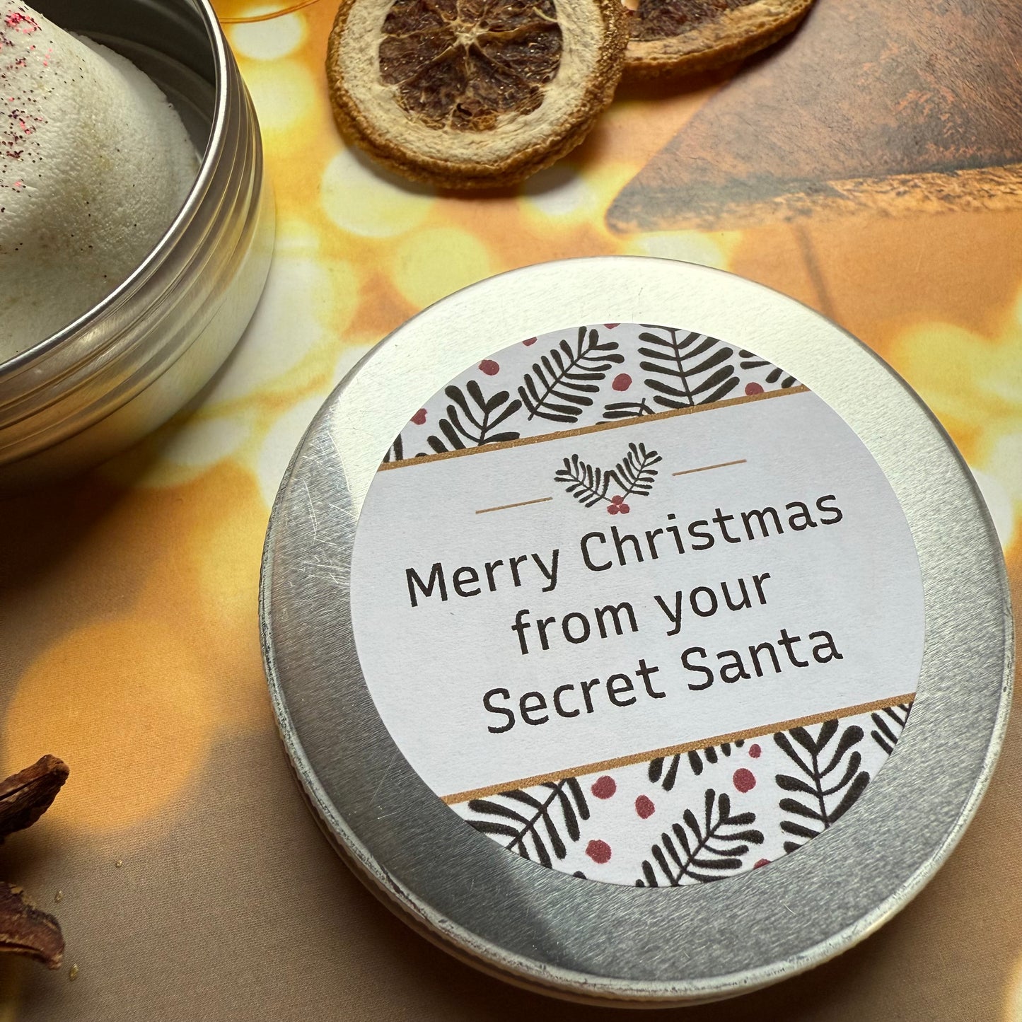 Secret Santa Shower Steamer Tin: Festive Fizz Scent