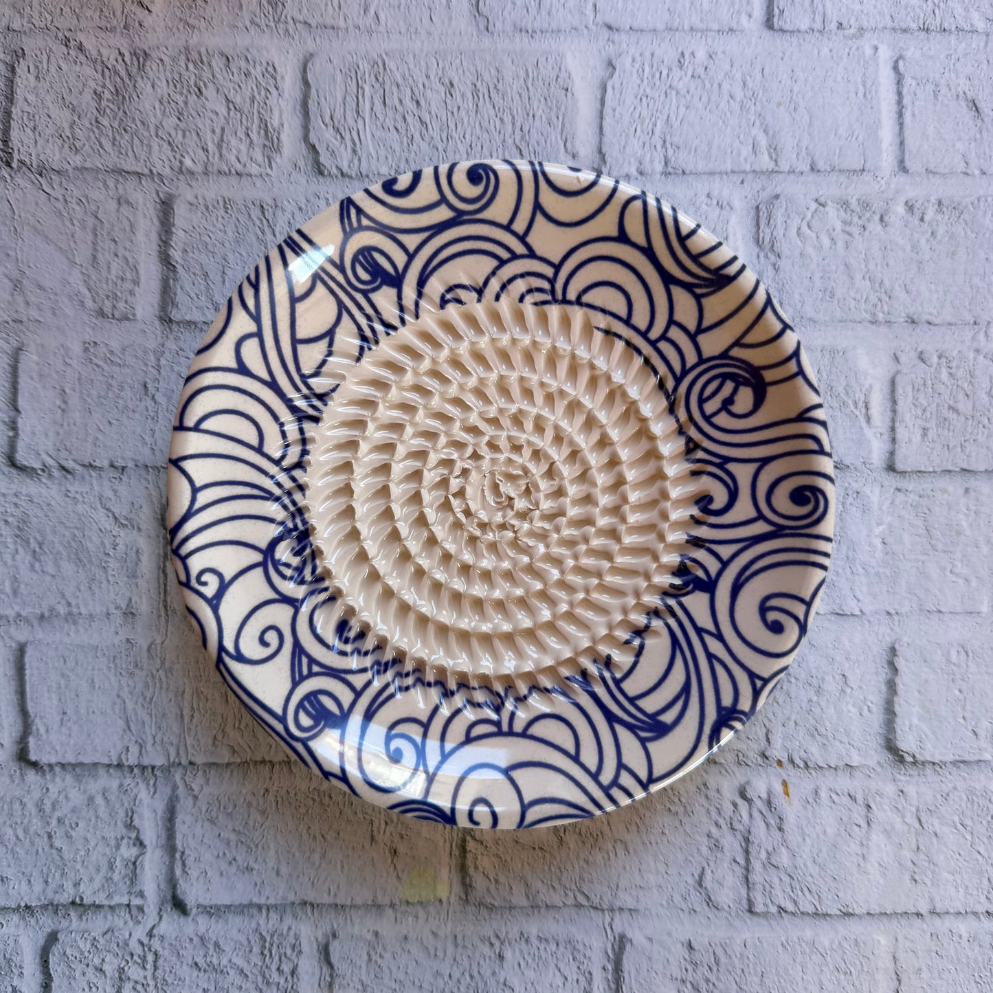 Handmade Ceramic Garlic, Ginger and Vegetable Grater Plate and with Brush (Optional), Garlic Grater Plate Blue Lines