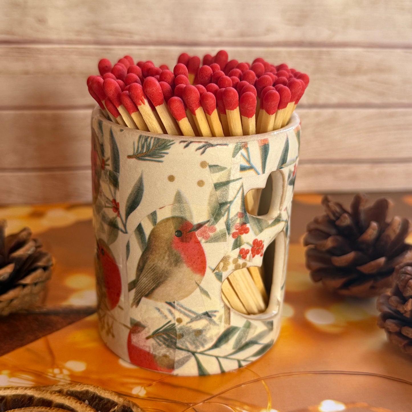 Christmas Robin Match Pot with Strike and Red 10cm Matches