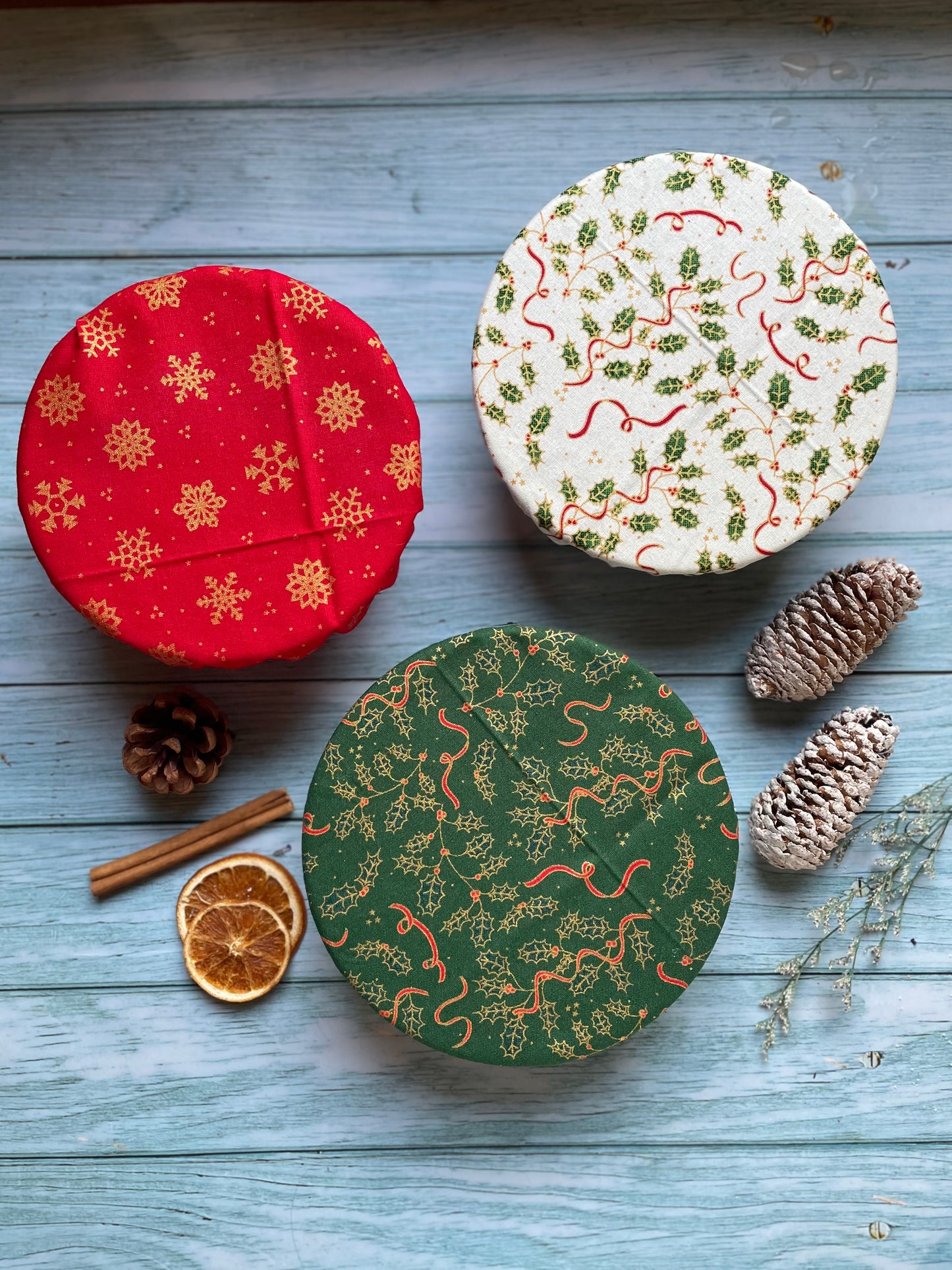 Set of Three Handmade Christmas Cotton Bowl Covers, Bowl Covers with Elastic, Eco Friendly Food Coverings