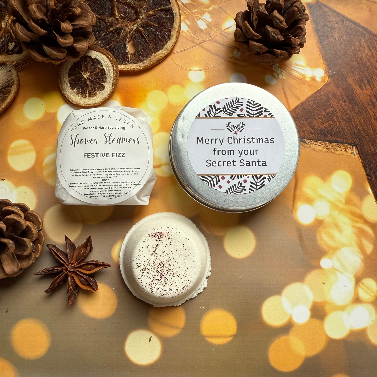 Secret Santa Shower Steamer Tin: Festive Fizz Scent