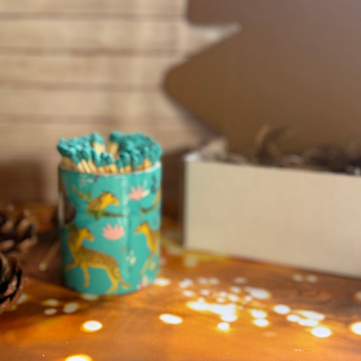 Turquoise Cheetah Hand Decorated Match Pot with Strike and Turquoise 10cm Matches