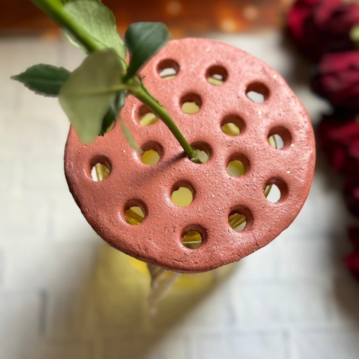 Handmade Terracotta Sparkly Flower Frog: Ceramic Floral Arranging Disc