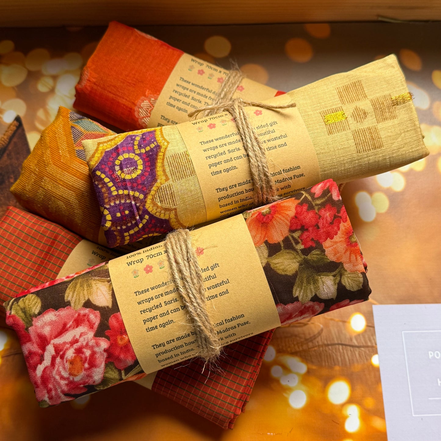 Two Sided Handmade Fabric Gift Wrap 70cm x 70cm made by hand in India from recycled saris - Christmas Eco Wrapping
