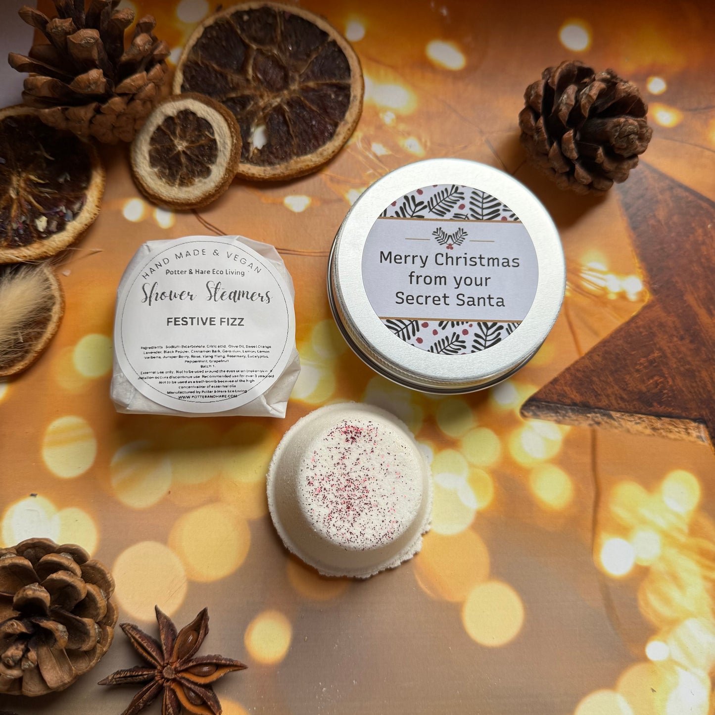 Secret Santa Shower Steamer Tin: Festive Fizz Scent