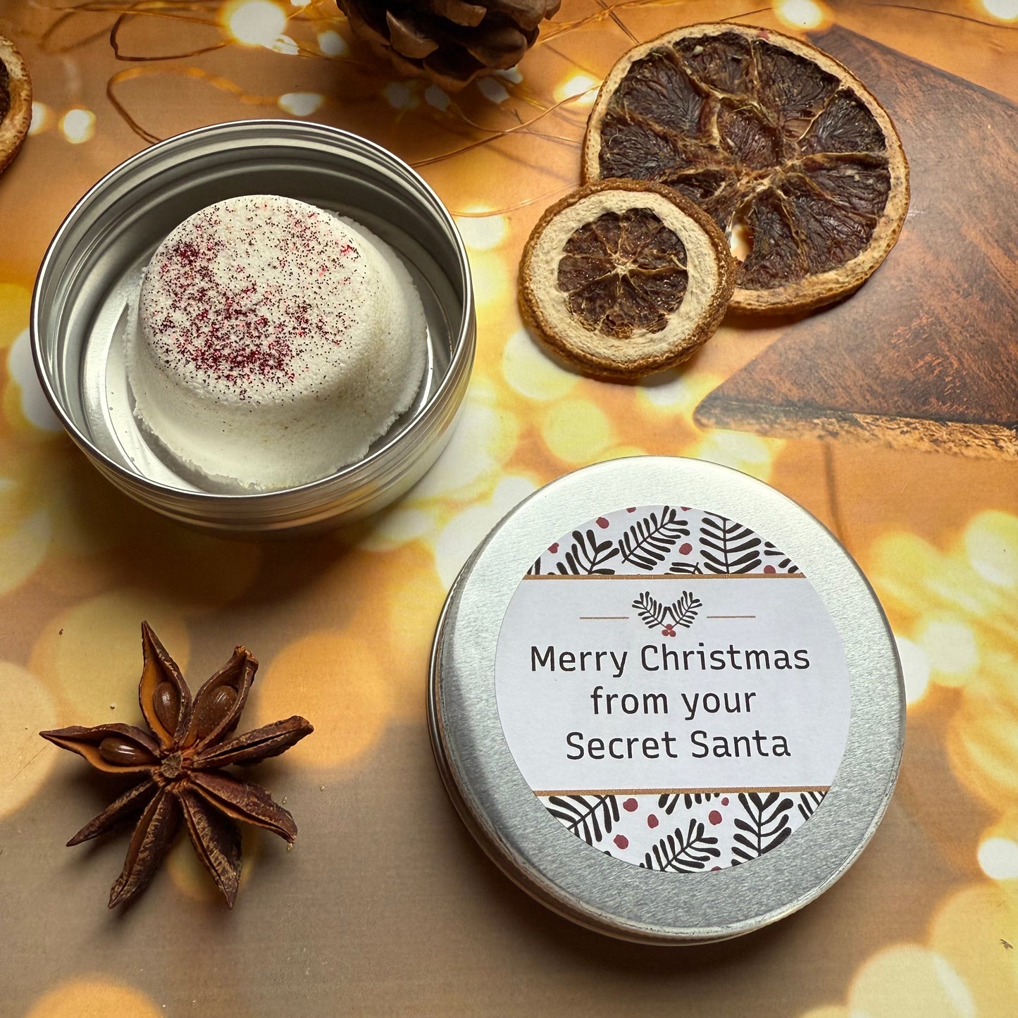 Secret Santa Shower Steamer Tin: Festive Fizz Scent