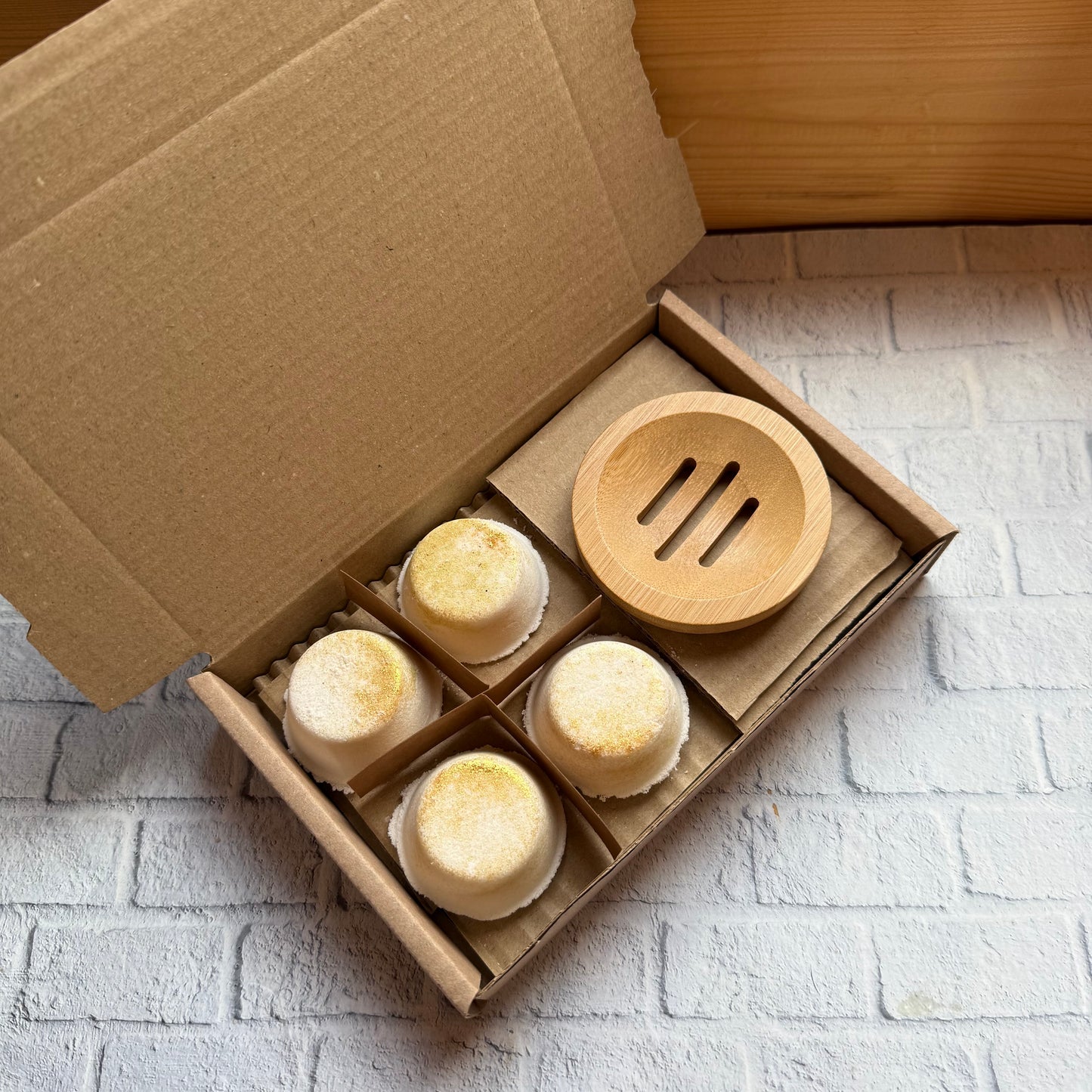 Happy Birthday Special Blend of Aromatherapy Shower Steamers, 4 Steamers Wrapped and presented in a gift box with bamboo Tray